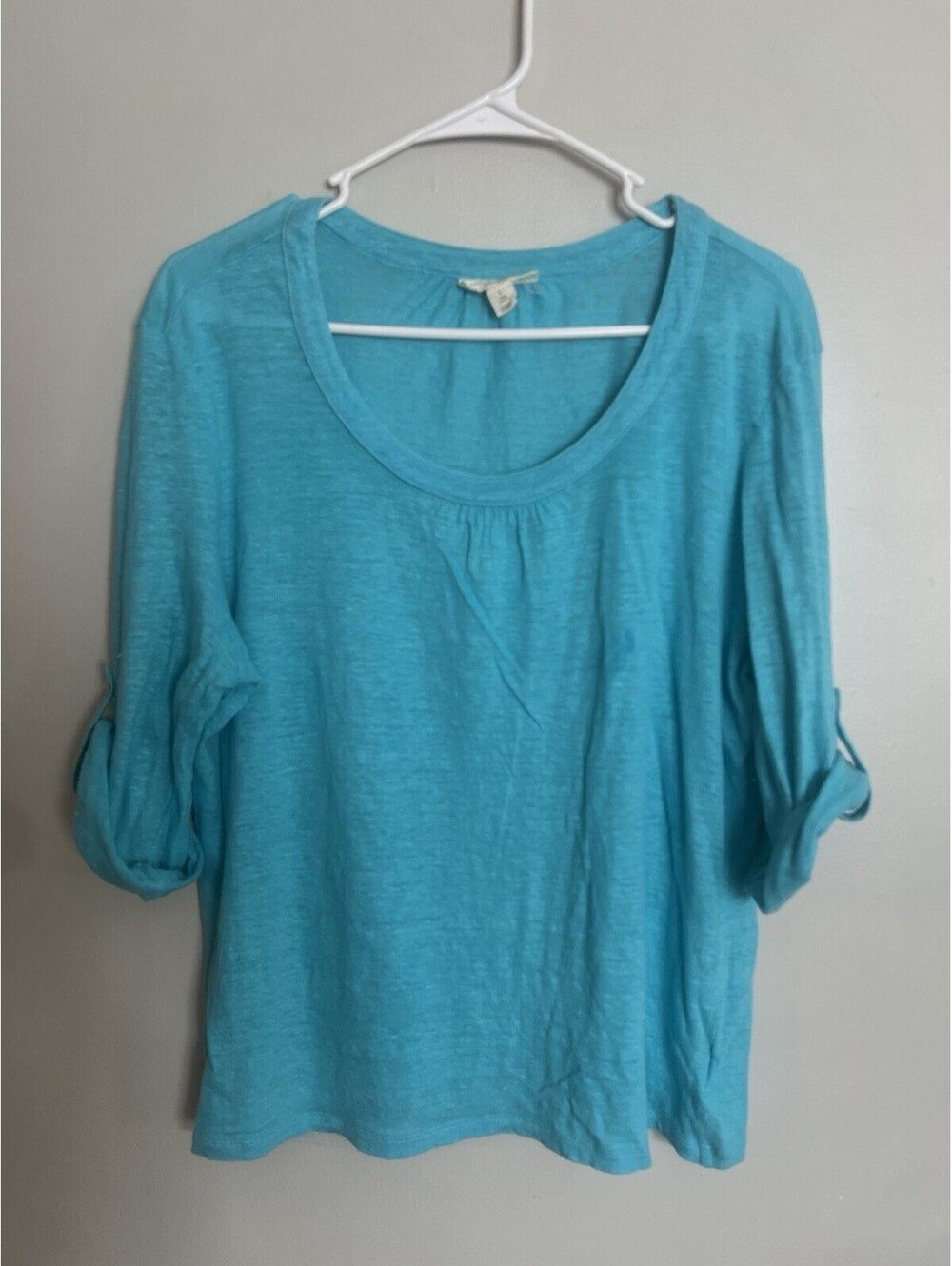 Charter Club Linen Luxury Woman’s Blue Shirt Size Large long Roll Tab Sleeve